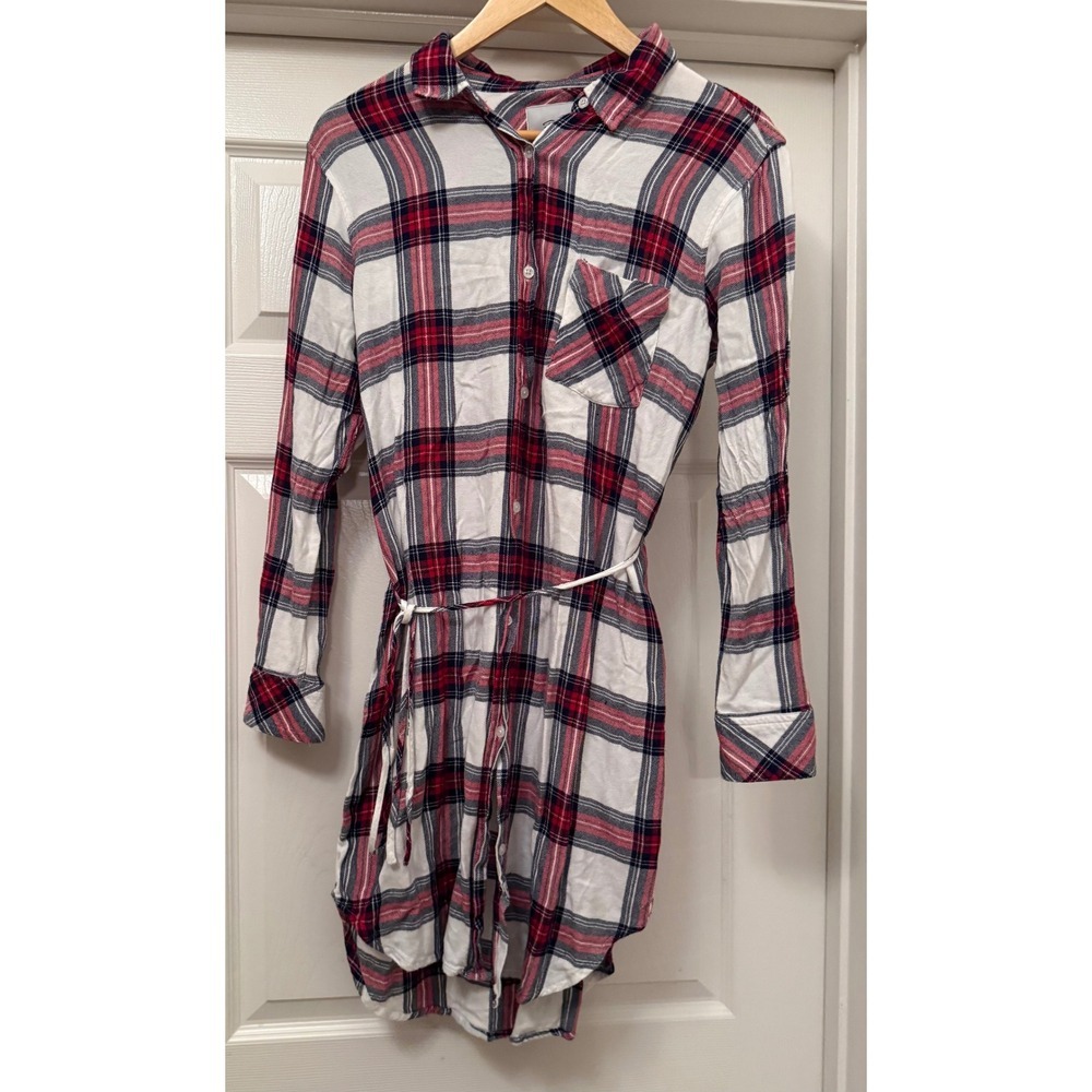 Rails Plaid Shirt Dress Womens Medium White Red Navy Blue Tie Waist Button Down